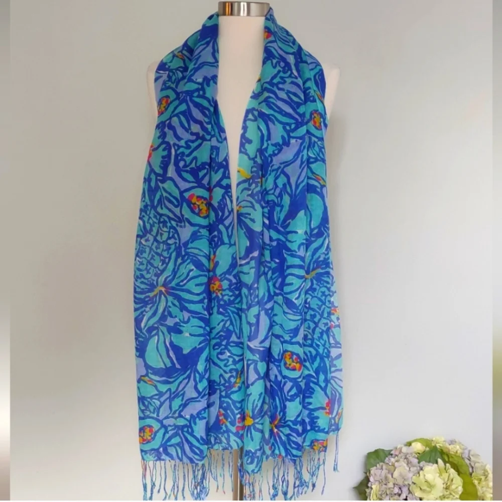 Lilly Pulitzer Murfee Scarf Iris Blue Mai Tai Silk Cashmere Blend Fringe Wrap